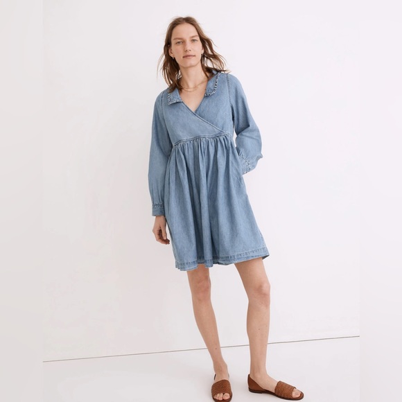Madewell‎ Ruffle-Collar Faux-Wrap Dress: TENCEL™ Denim Edition Size Large - Picture 1 of 14